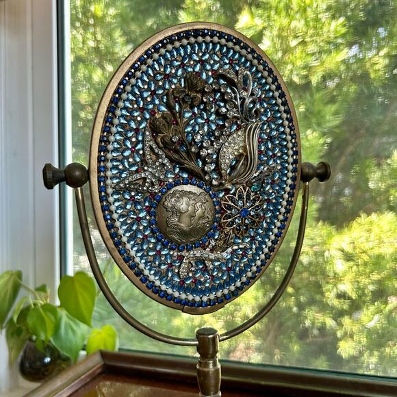 Vintage Tabletop Vanity Mirror with Ornate Floral and Rhinestone Embellishments - Picture 11 of 16